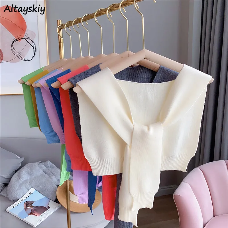 

Women Shrugs Solid Casual Scarf-collar Knitted Spring Autumn All-match Sleeveless Shawls Tie Outwear Students Preppy Sweet Daily
