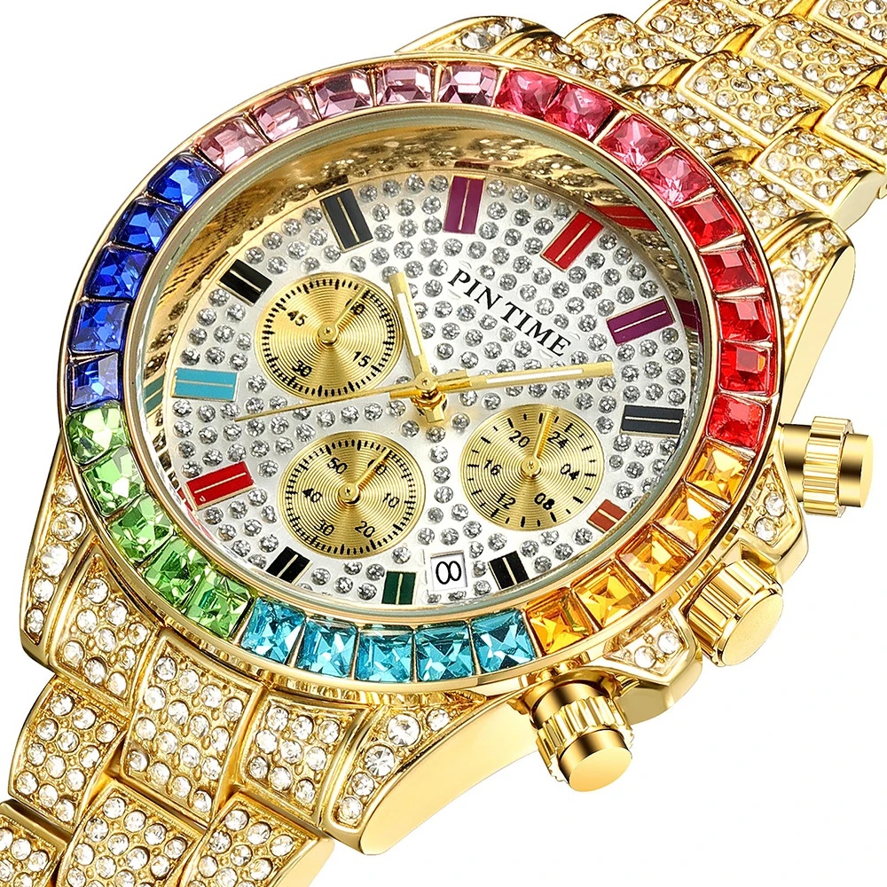 Iced Out Diamond Мужские часы Роскошные мужские из стали кварцевые 2020 хронограф