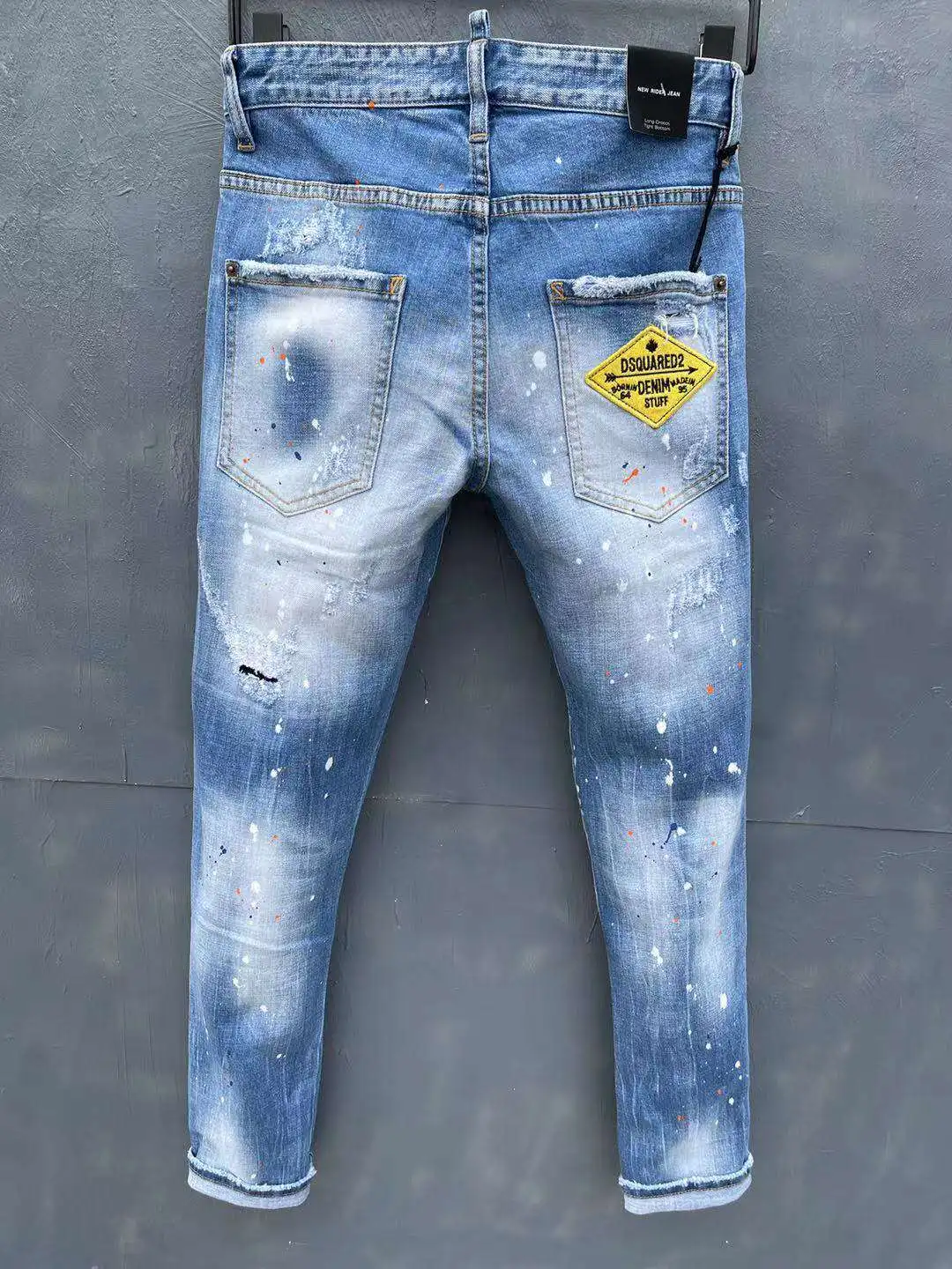 2021 Spring/Summer DSQUARED2 Men's/Women's Jeans Fashion Washed Water Frayed Hole Patches Micro-Elastic Ink Splashing Pants 058