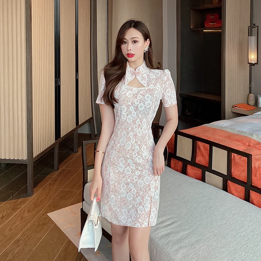 

Восстанавливающее летнее платье-Ципао с короткими рукавами и жемчужинами в стиле социалита с изображением древних путей съемки пятен