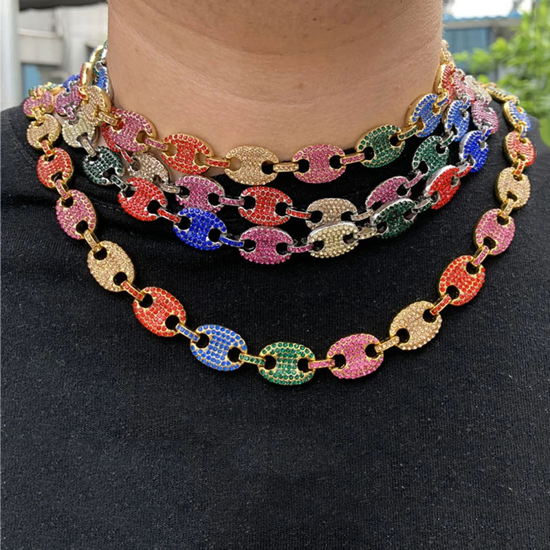 

HIP HOP 13MM Iced Out CZ Multi-Colors Coffee Bean Pig Nose Alloy Rhinestone Charm Link Chain Bling Necklaces for Men Jewelry