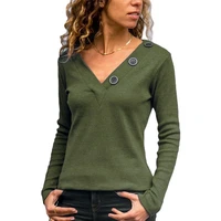v neck solid color womens top office lady long sleeves button decorate tees 2021 autumn new style t shirt