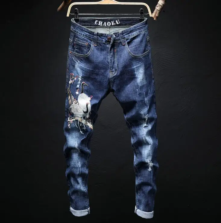 Straight stretch men's jeans embroidered red-crowned crane мужская брюки классика slim pants original design style