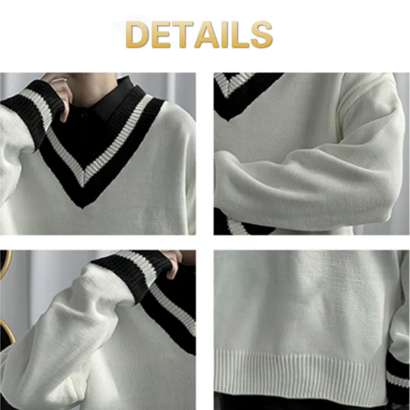 

Men Pullover Autumn Couples Simple Striped Preppy Style V-neck Knitted Sweater Male All-match Causal Chic Retro Ulzzang Student