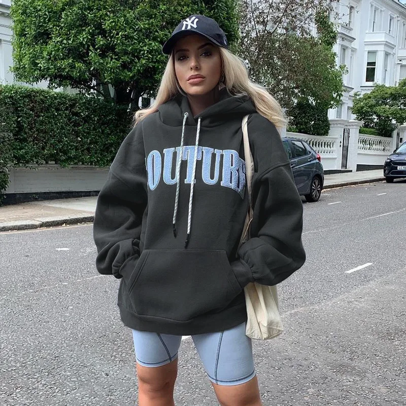 

Women Solid Letter Hooded Sweatshirts 2021 Autumn Winter Oversized Hoodies Cotton Long Sleeve Black Outfits Streetwear