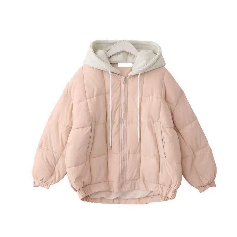 Женское с буфами стеганая куртка на молнии капюшоном теплая верхняя одежда