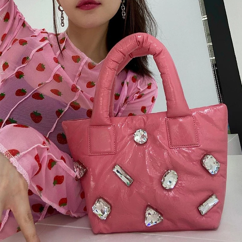 

2021 New Trendy Down Bags for Women Niche Soft Leather Diamond Tote Bag Portable Underarm Kawaii Purses and Handbags