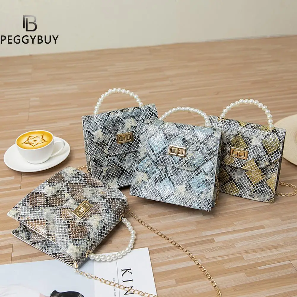 

Fashion Women PU Leather Snake Pattern Print Shoulder Crossbody Messenger Bag Vintage Ladies Pearl Chain Flap Handbag