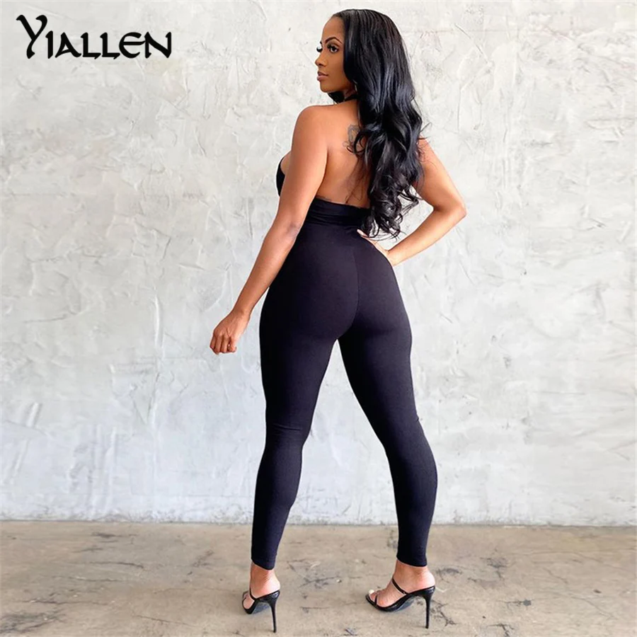 

Yiallen Solid Halter Jumpsuit Women 2021 Classic Sexy Cleavage Backless Elastic Overall Feamle Hot Skinny One Piece Streetwear