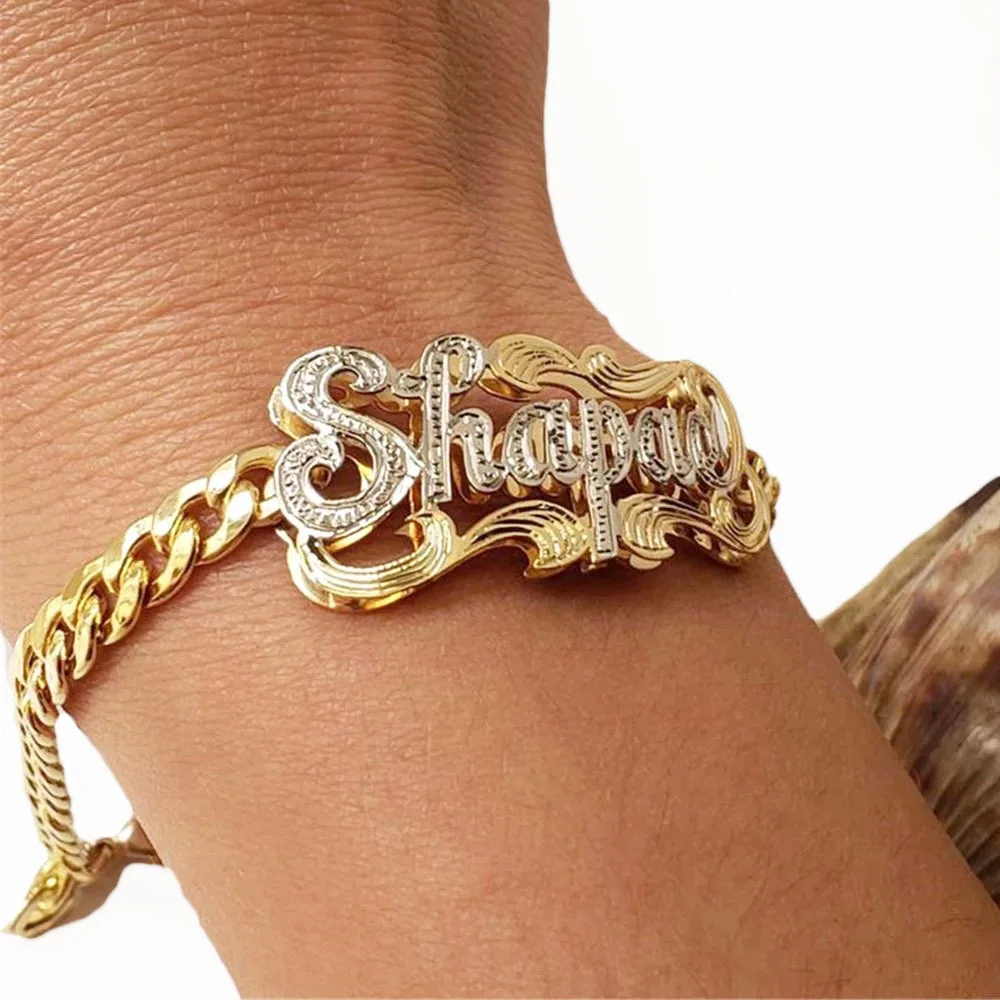 

Customized Double Plate Name Bracelets Custom Name Bangle Stainless Steel Cuban Chain Name Bracelet For Women Christmas Gifts