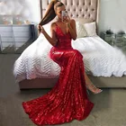 Красное вечернее платье с блестками, блестящее сексуальное вечернее платье с V-образным вырезом и высоким разрезом, длинное вечернее платье с рыбьим хвостом для выпусквечерние вечера, длинное платье