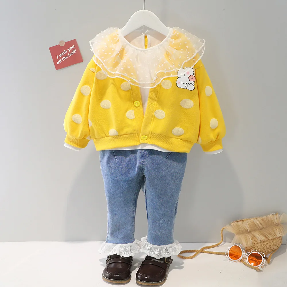 Комплект для маленьких девочек футболка с длинным рукавом + кардиган джинсы