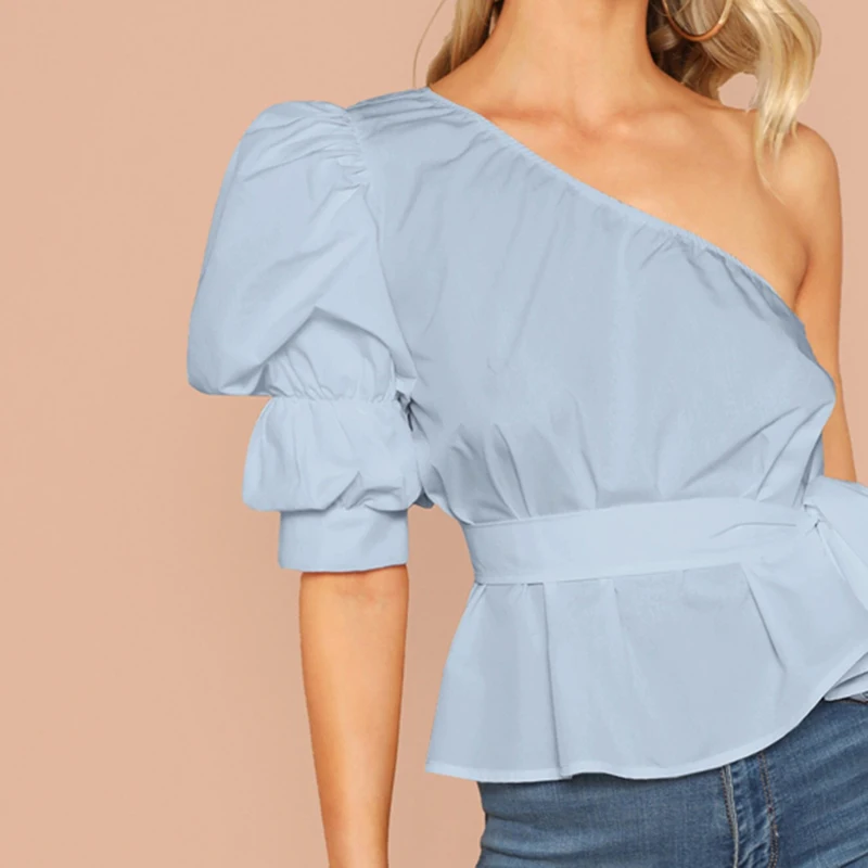 SHEIN Однотонный Топ На Одно Плечо С Пышными Рукавами И Поясом Женская Летняя Белая Элегантная Блузка С Средним Рукавом