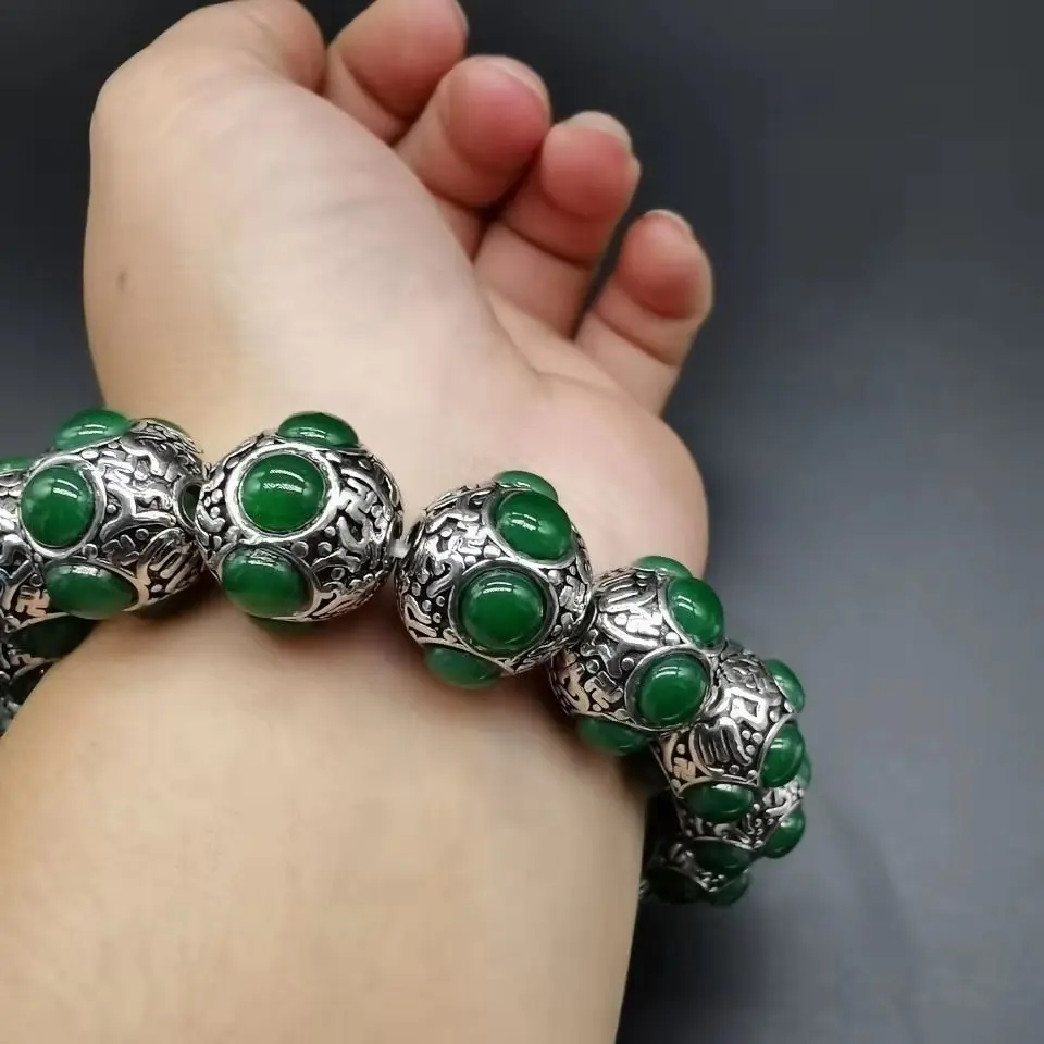 

100% natural Jewel inlaid 925 Bracelet bracelets jadeite jade jewelry Green chalcedony Bracelet Men's and women's bracelets