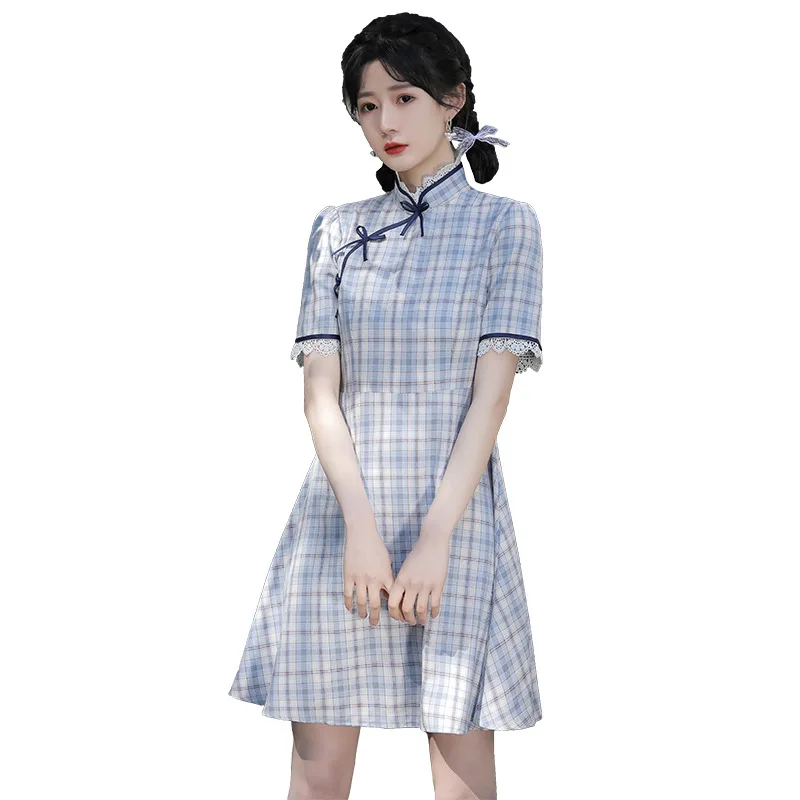 

Cheongsam Chinese Traditional Style Short Sleeve Lace Cuff Blue Bow High Waist Plaid Printing Slim Dresses Vintage Qipao 2021
