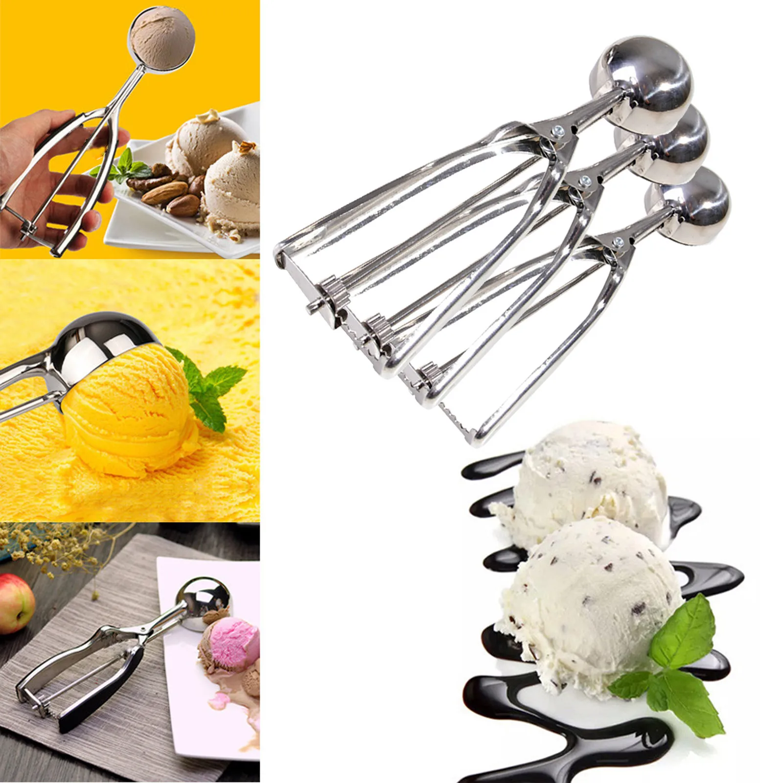 

Stainless Steel Ice Cream Spoon With Spring Handle Kitchen Spherical Metal Cookie Spoon Restaurant Ice Cream Shop Accessories#H