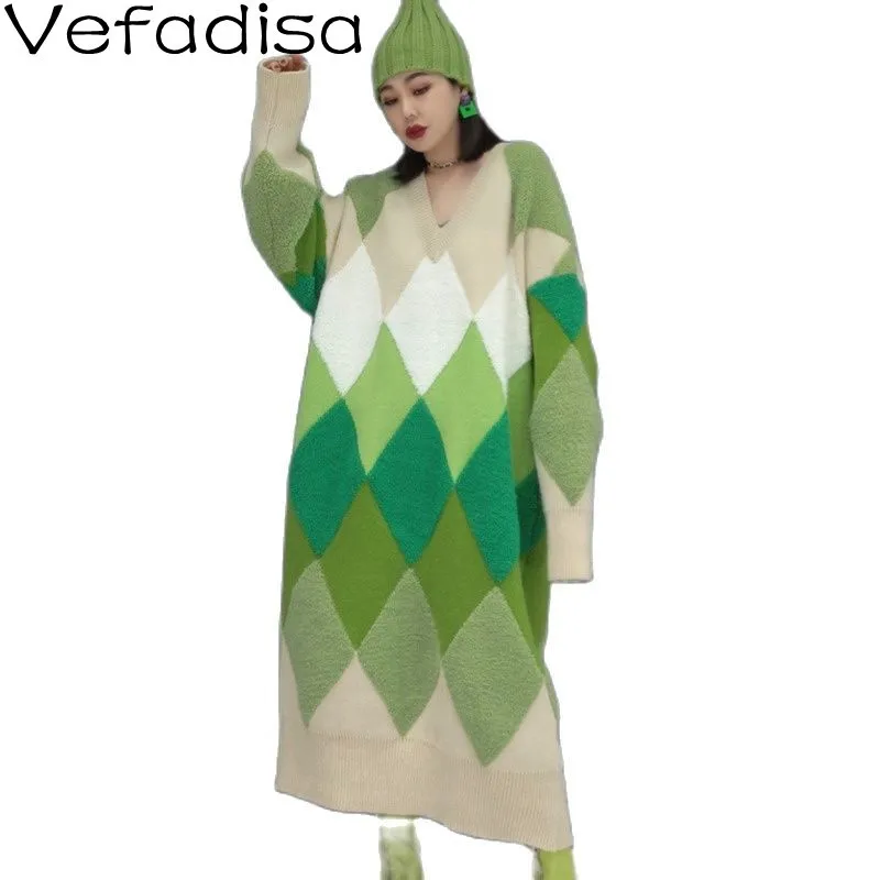 

Vefadisa Loose Large Size Fashion Plaid Long Sweater Dress Red 2022 Spring New Thick V-neck Sweater Dress Women TT1040