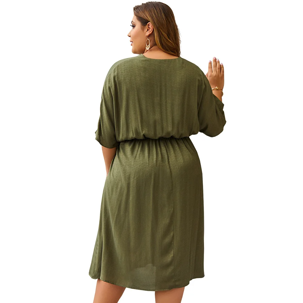 

Women Casual Dress Plus Size 2021 Female V Neck Batwing Sleeve Buttons Solid Midi Dress Loose Oversized Ladies Tunic Dresses