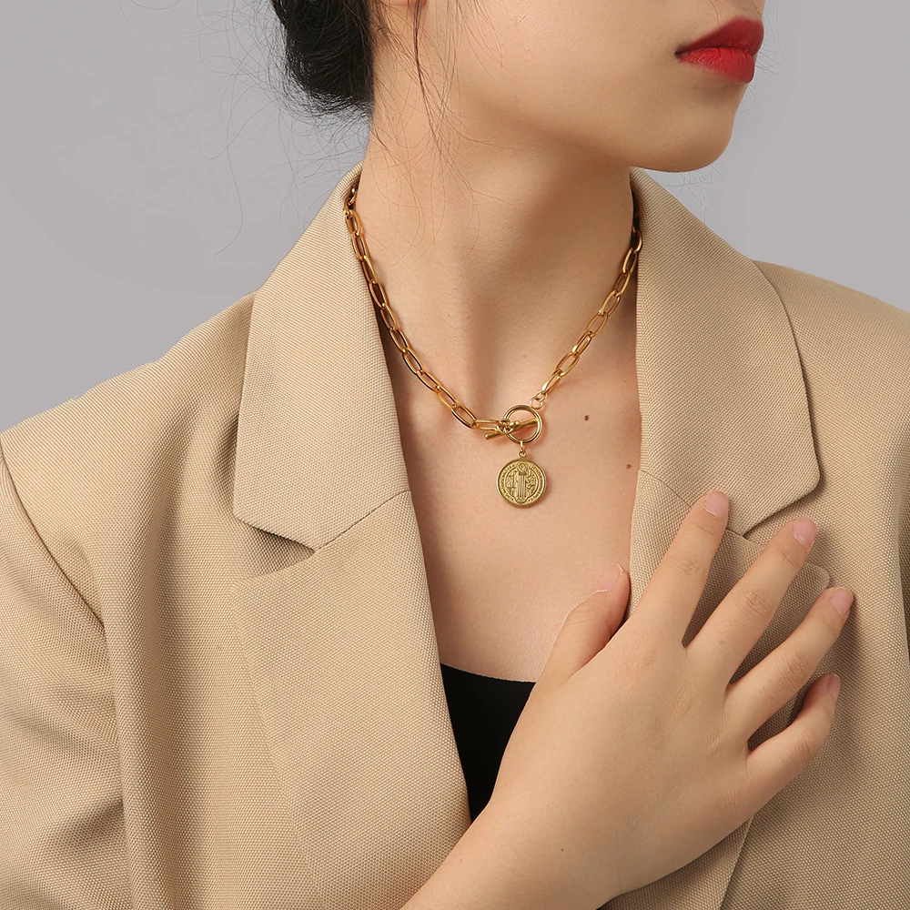 

Stainless Steel Saint Benedict Medal Toggle Necklace Gold/Silver Color Metal San Benito Medalla Chunky Heavy Duty Chain Choker