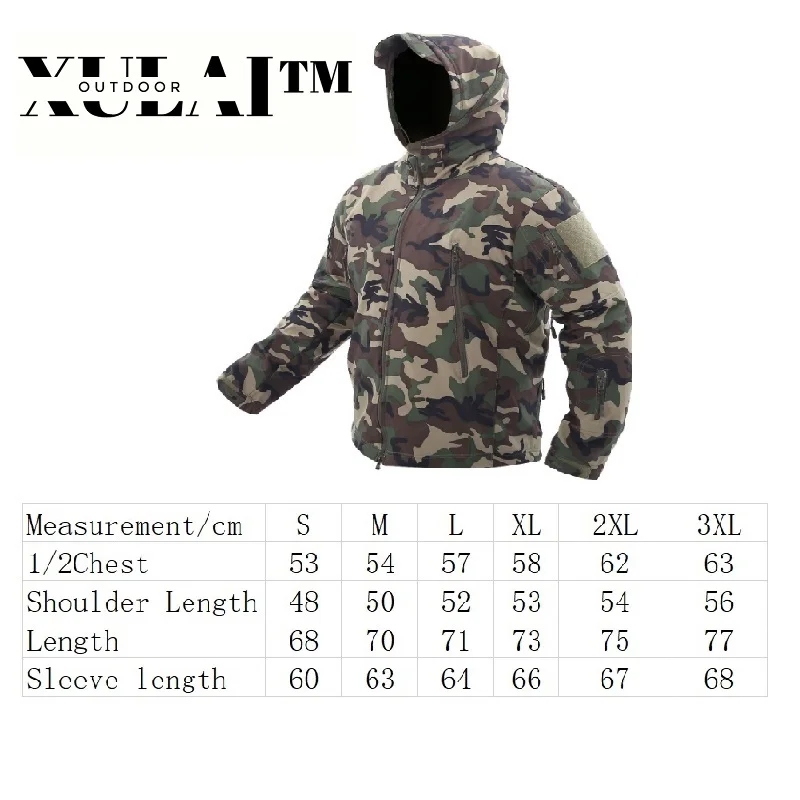 

15 Colors Shark Skin Soft Shell Outdoor Shell Jacket Windproof, Waterproof and Warm Thickened Camouflage Hooded