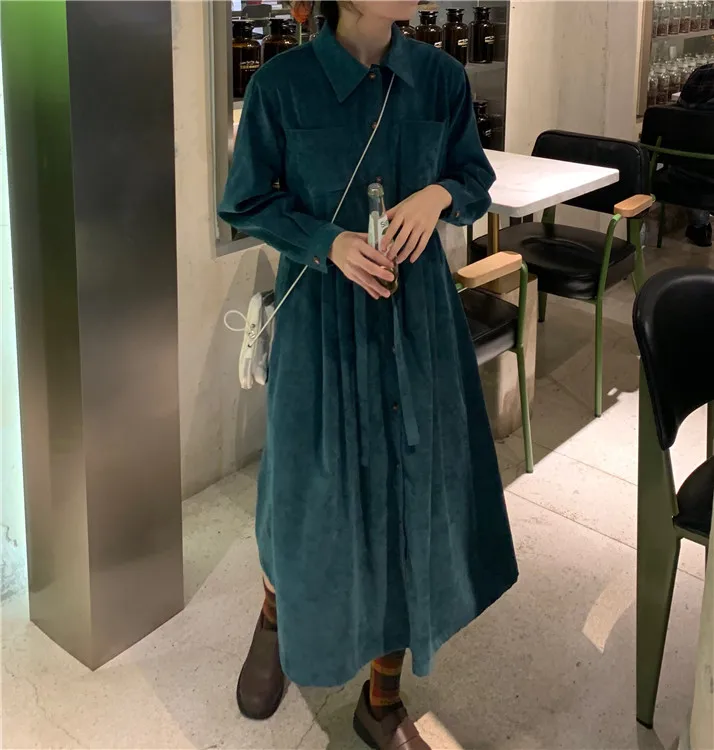 

2021 Spring Whimsical Girl Korean Style Retro Pine Green Vintage Style Younger Fashion Long Corduroy Dress