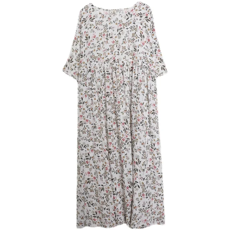 

Short Sleeve Floral Cotton Linen Vintage White Summer Dresses For Women 2021 New Casual Loose Long Ladies Dress Elegant Clothes