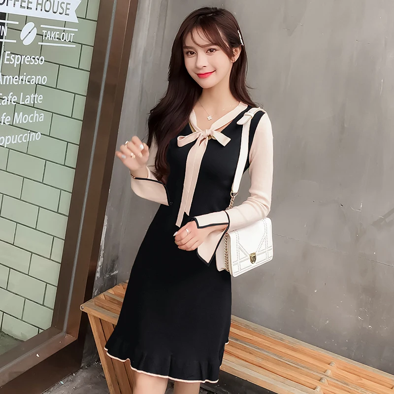 Новинка сезон осень-зима трикотажные платья с длинными рукавами в корейском