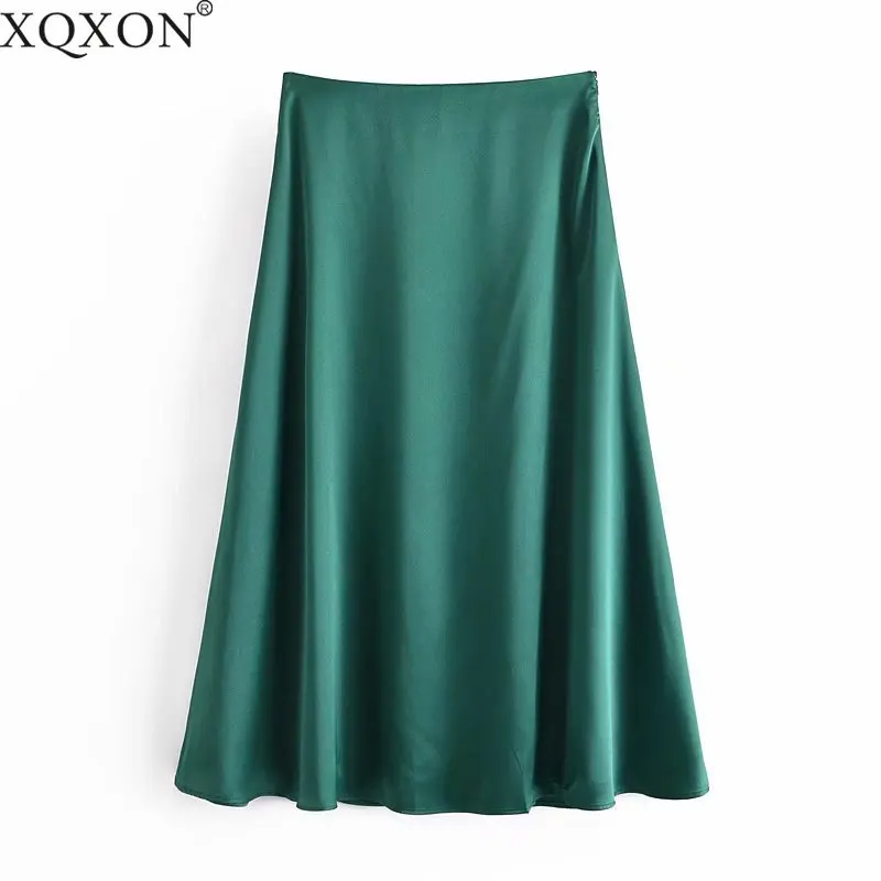 

XQXON Spring New Women's Fashion Solid Color Silk Satin Texture Midi Skirt
