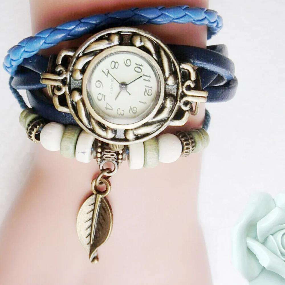 

Hot Fast 2021 Women Children Retro Leatherwinding Bracelet Leaf Pendant Watch Quartz Wrist Watches Women Valentine Gifts 2021