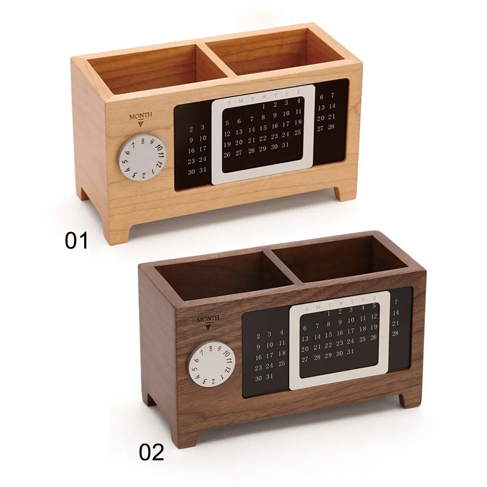 

Wooden Desk Organizer Pen Pencil Holder Case With Calendar Ornaments Table Storage Container 2 Grids Wooden Storage Box Gift