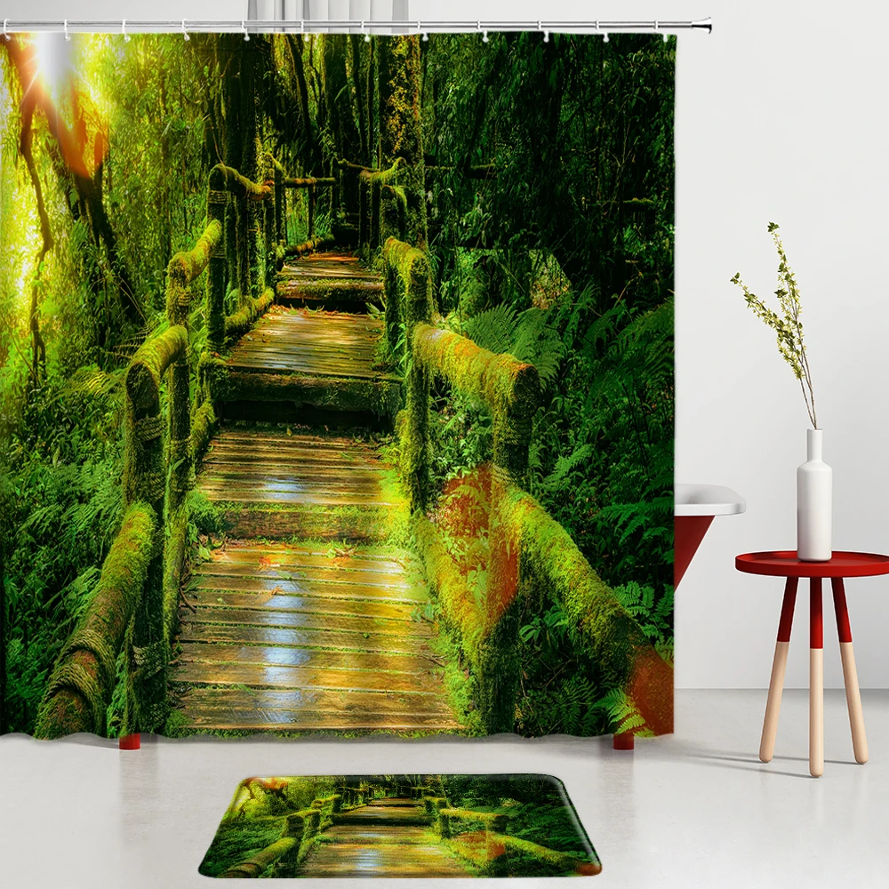 Пейзаж занавеска для душа набор с ковриком ванной деревянная лестница в зеленом