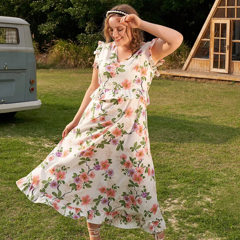 Summer Women Floral Print Dress Petal Sleeve V-Neck Slim Casual Robe Party Holiday Female Dresses Beach Style