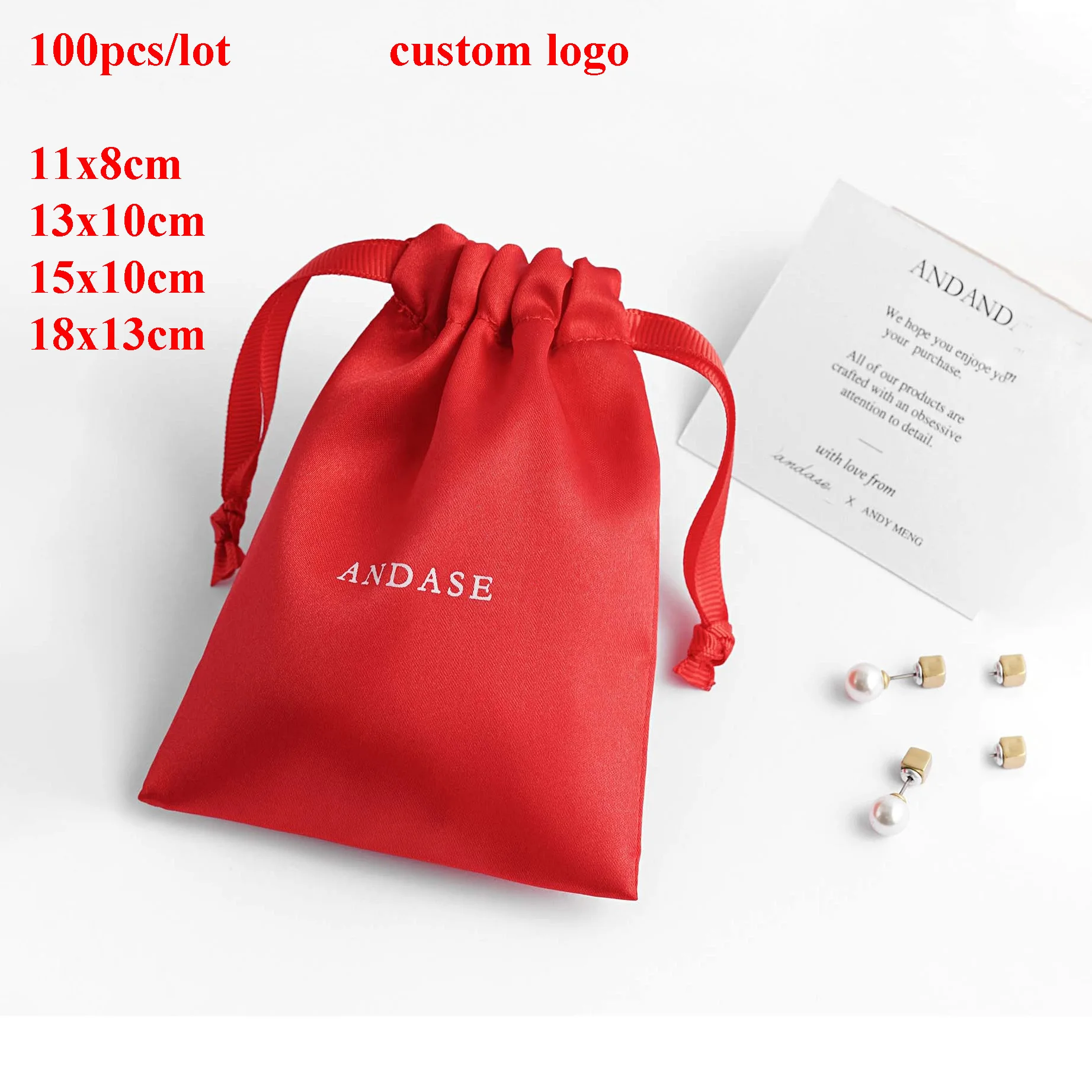 100pcs/Lot Satin Pouches 11x8 13x10 15x10 18x13cm Jewelries Packaging Custom Logo Small Bag Personalized Silk Pouch Personalized