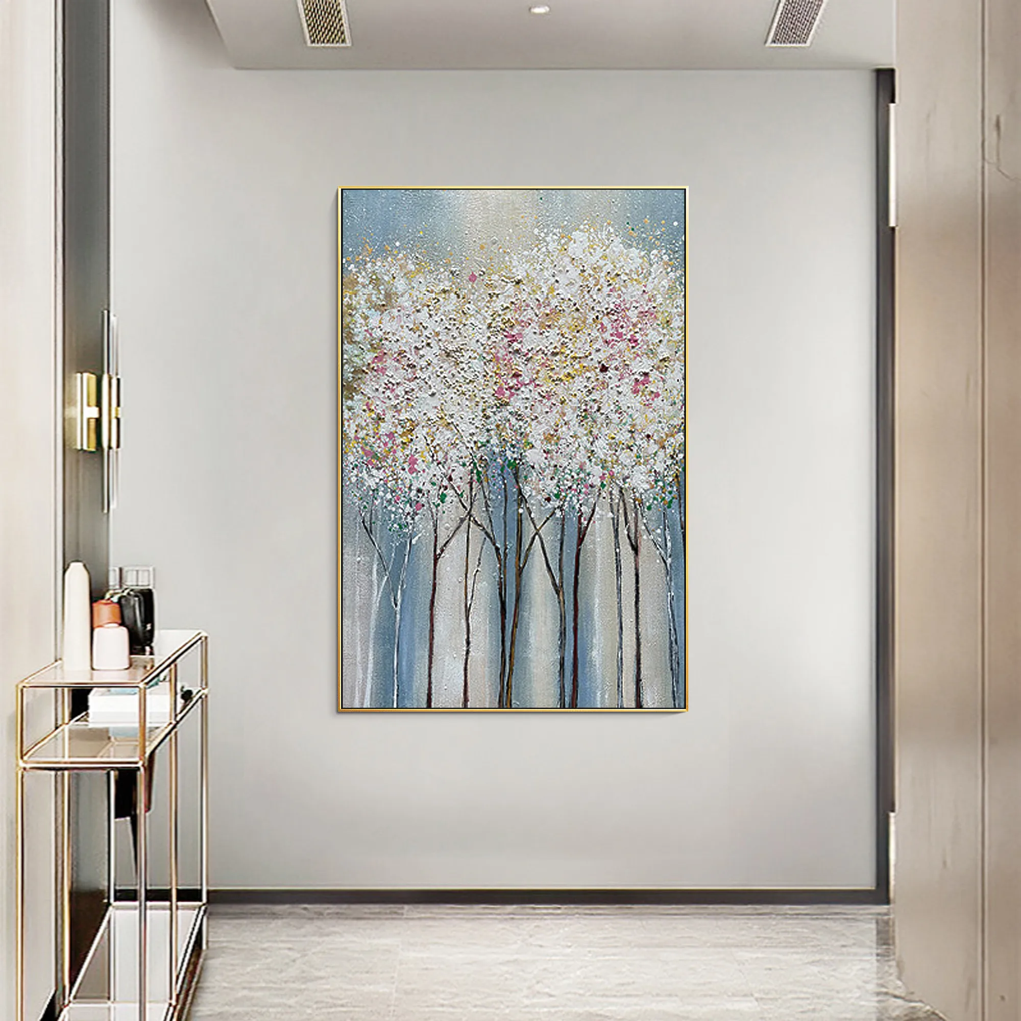 Goedkoop Grote Abstract Hand Geschilderd Landschap Tree Wall Art Foto Acryl Textuur Canvas Wit Olieverf Woonkamer Home Decor