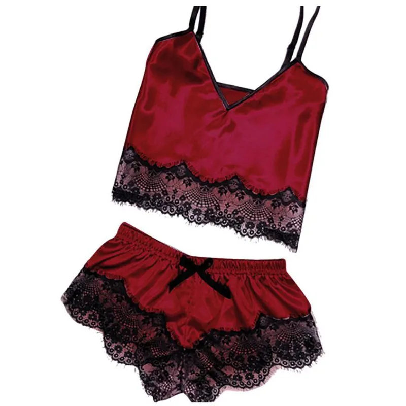 Женская пижама Сексуальный Атласный пижамный комплект белая кружевная Пижама с