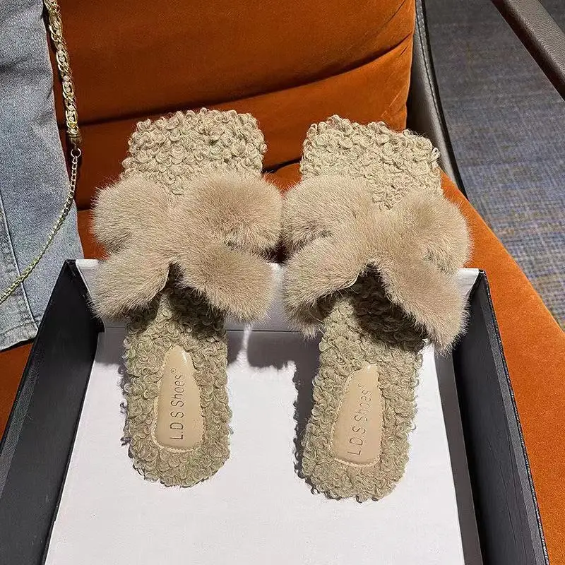 

Fashion luxury ladies one-word drag hairy drag women's outer wear autumn and winter 2021 new summer ins tide fairy style slipper