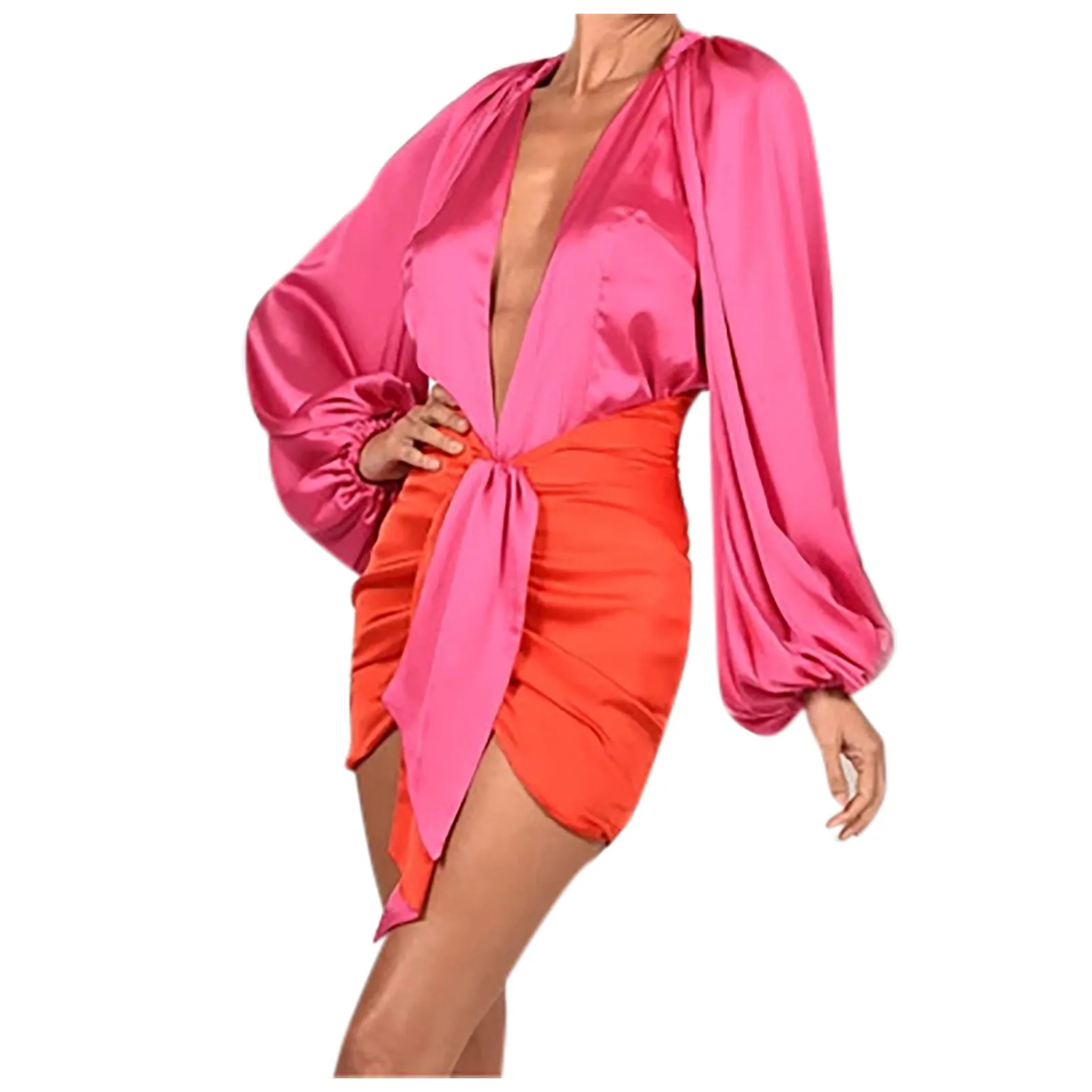 

Womens Fashion Sexy Long-Sleeved Deep V Jumpsuits High Pockets Hip Dress