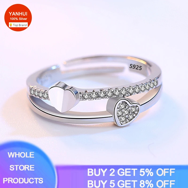 

Silver Color Double Heart Temperament Sweet Personality Fresh Fashion Korea Female Cute Resizable Opening Rings
