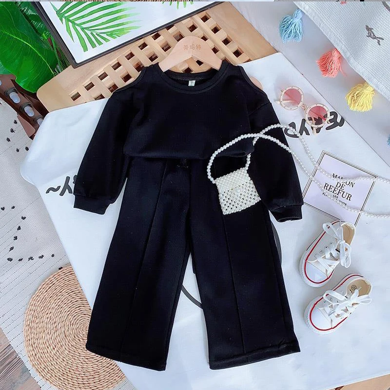 

Girls 2 Piece Fashion Clothes Set Spring Autumn Children Gray Black Off-shoulder Top Loose Wide-leg Pants 3-7Y Baby Sportswear