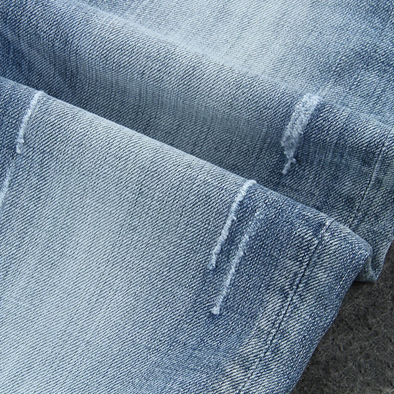 European American Vintage Fashion Men Jeans Retro Light Blue Elastic Slim Fit Ripped Jeans Men Korean Style Denim Pencil Pants