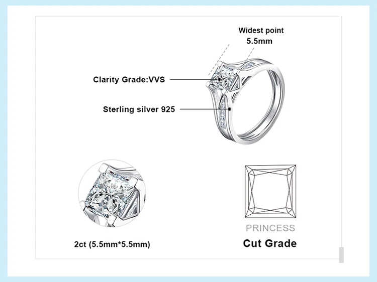 Jewelrypalace 2ct Принцесса пасьянс Юбилей Обручение кольцо Свадебные Свадебный набор каналов полоса 925 серебро на продажу