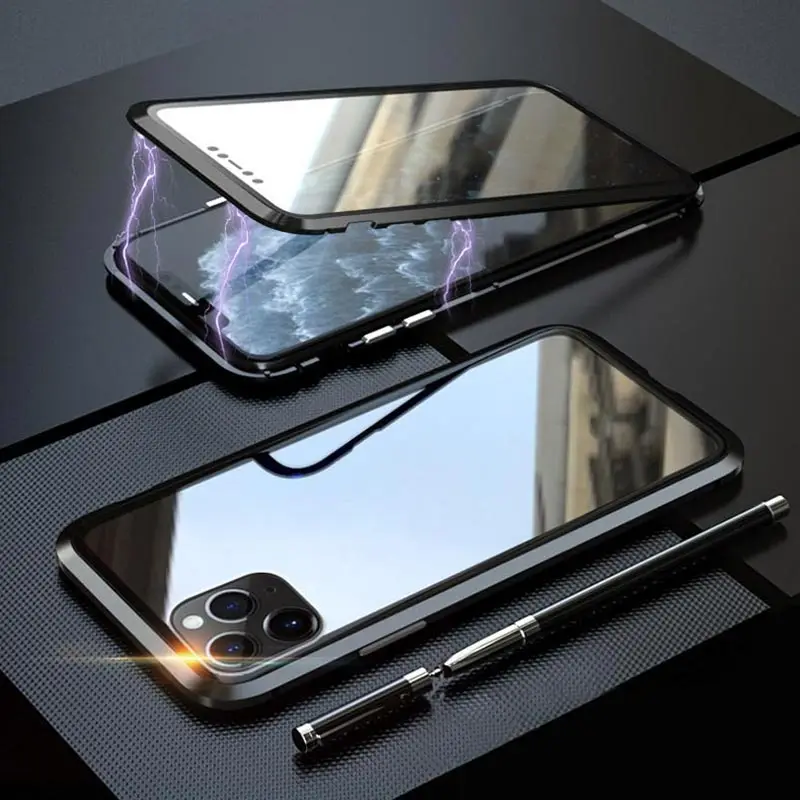 Suntaiho магнитный металлический чехол для iPhone 11 Pro Max XR XS MAX X закаленное стекло с магнитом чехол для iPhone 11 Pro XS чехол для Max XR - Цвет: Black