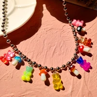 cute colorful gummy bear mushroom stainless steel chain necklace for women rainbow color animal charm necklaces summer jewelry
