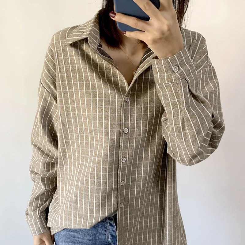 Женская винтажная рубашка в клетку Повседневная Свободная блузка с длинным