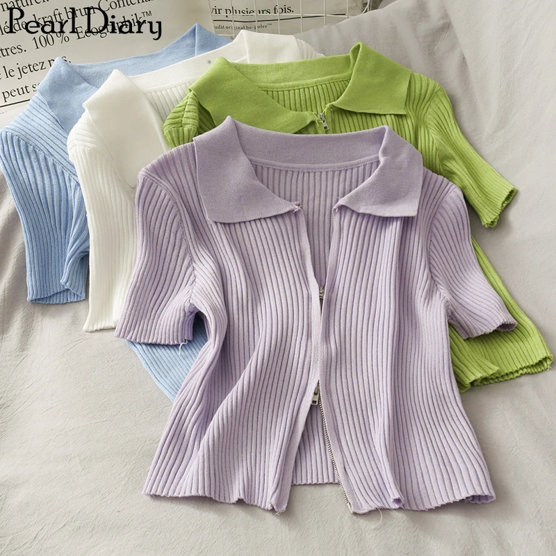 Pearl Diary Women's Rib Knitted Polo Neck Shirt With Front Zipper Female Slim Fit Crop Cardigans Plain Short Sleeve Chic Tshirt
Pearl Diary Women's Rib Knitted Polo Neck Shirt With Front Zipper Female Slim Fit Crop Cardigans Plain Short Sleeve Chic Tshirt