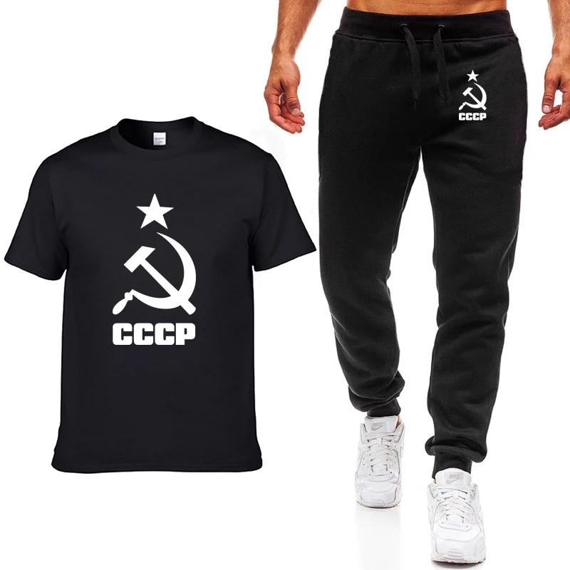 

Unisex Men's T-shirt CCCP Russian USSR Soviet Union Summer Cotton Short Sleeve Round Neck Men's T-shirt+pants 2 piece suit