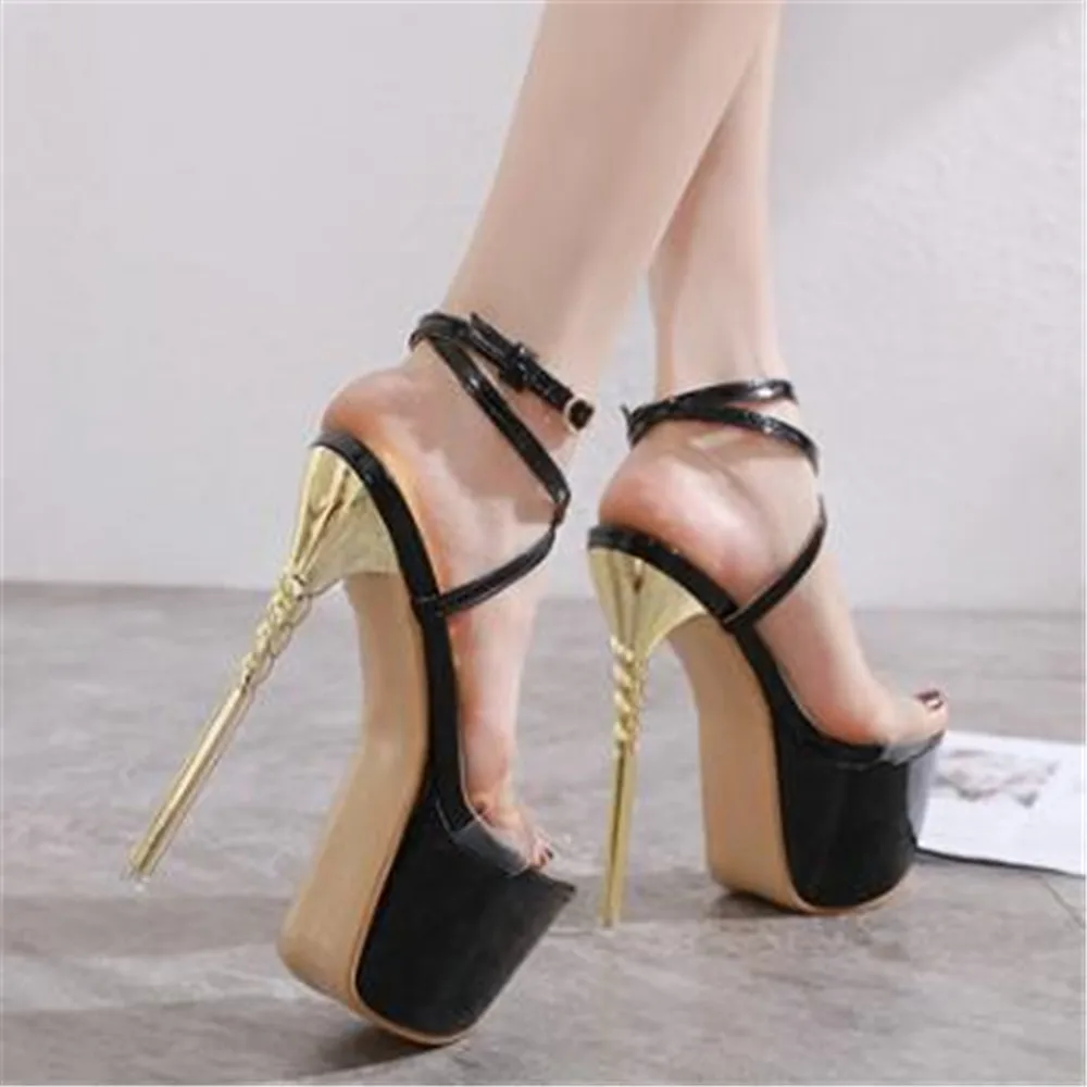 

NEW Sexy Sandals Women PU Leather Peep Toe Stripper 17 CM High Heel Shoes Summer Fashion Buckle Strap Thin Heels Golden Black