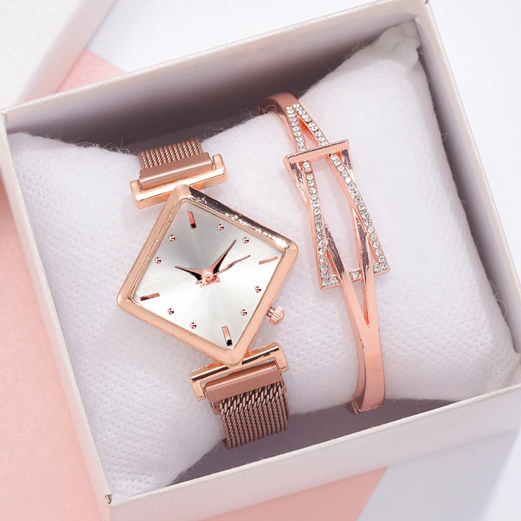 

2pcs/set Women Watches Bracelet Set Square Dial Rose Gold Magnet Watch Dress Ladies Bracelet Wrist Watches Luxury Quartz Clock