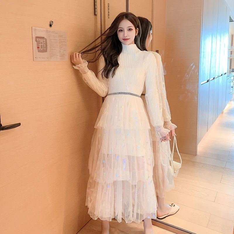 

Модный женский вязаный однобортный свитер + сетчатое платье, женские костюмы