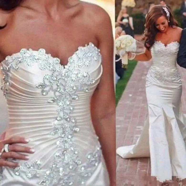 

Satin Mermaid Gowns Dresses Lace Applique Beaded Sweetheart Neckline Sweep Train Custom Made Plus Size Wedding